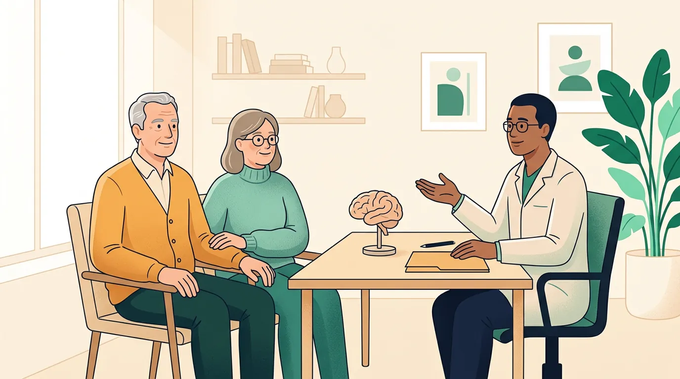 Early signs of ALS: man and his partner talking with a neurologist