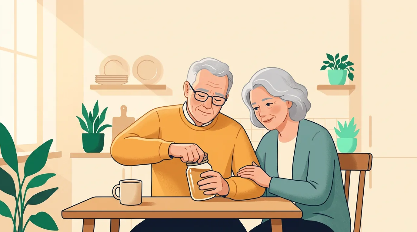 Early signs of ALS: man having trouble opening a jar at the kitchen table