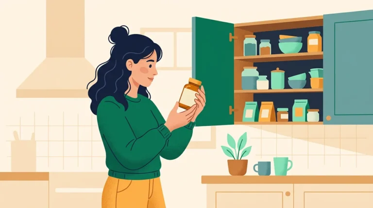 Expired vitamins: woman checking the date on a vitamin bottle in her kitchen cupboard