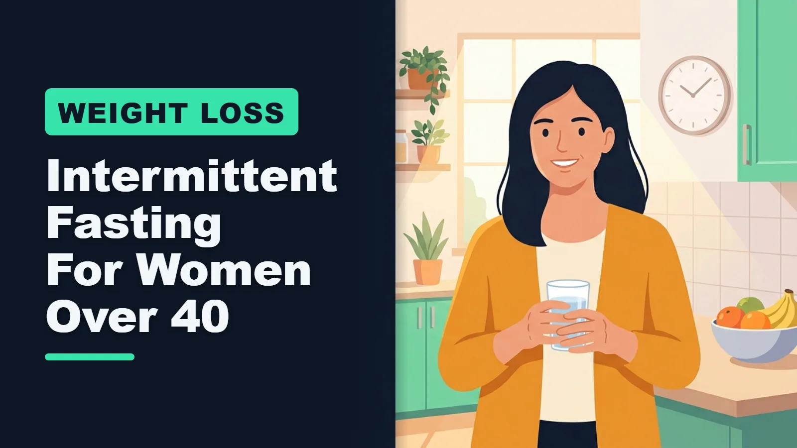 Intermittent fasting for women over 40: woman with a glass of water in a bright kitchen