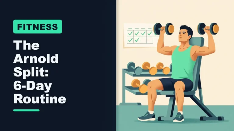 Arnold split workout: man doing a dumbbell shoulder press on a bench