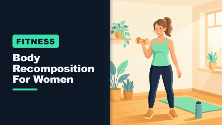 Body recomposition female: woman lifting a dumbbell in a bright home gym