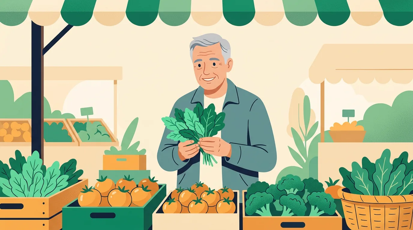 Foods to avoid for prostate health: man choosing vegetables at a market