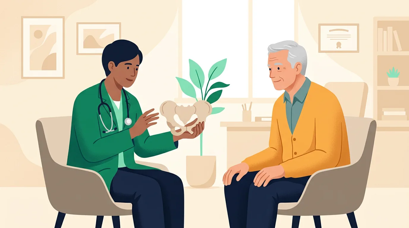 Foods to avoid for prostate health: doctor using an anatomical model to explain the prostate gland to a patient...