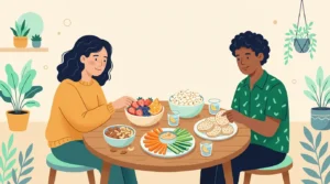 Gluten free dairy free snacks: bowls of fruit, nuts, popcorn and veggie sticks with hummus on a table