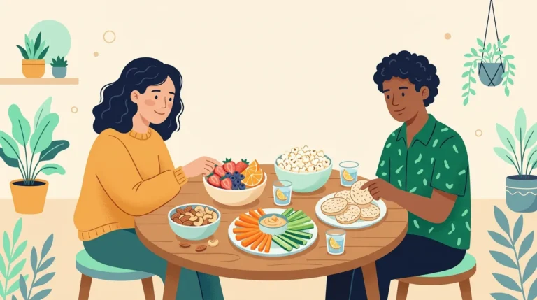 Gluten free dairy free snacks: bowls of fruit, nuts, popcorn and veggie sticks with hummus on a table