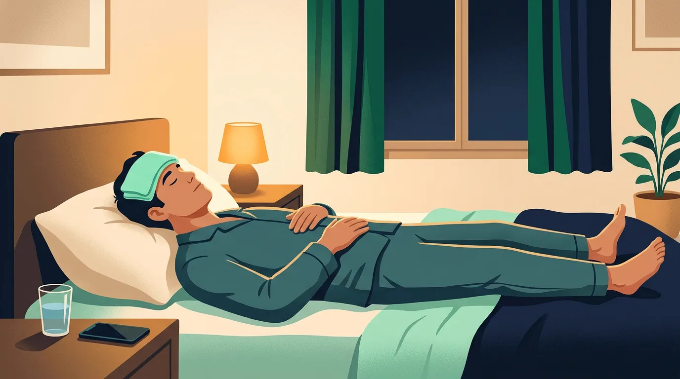 Headache after quitting vaping: man resting in bed with a cool cloth on his forehead