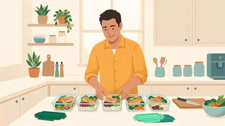 High protein meal prep: containers of chicken, rice, beans and vegetables lined up on a kitchen counter