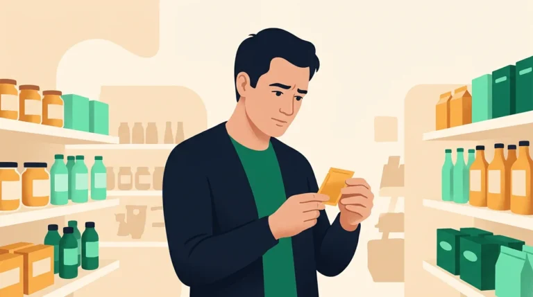 Honey pack: man reading the back of a honey sachet with a cautious look