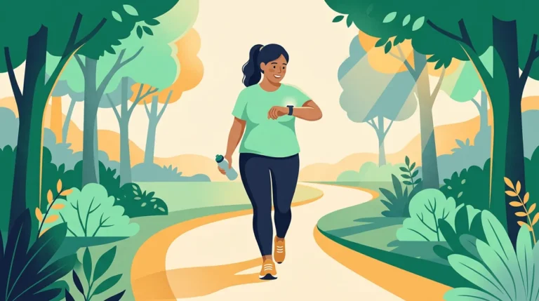 How many steps a day to lose weight: woman walking briskly in a park while checking her watch