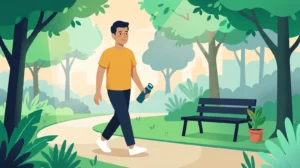 How many steps in a mile: man walking at an easy pace on a tree-lined park path