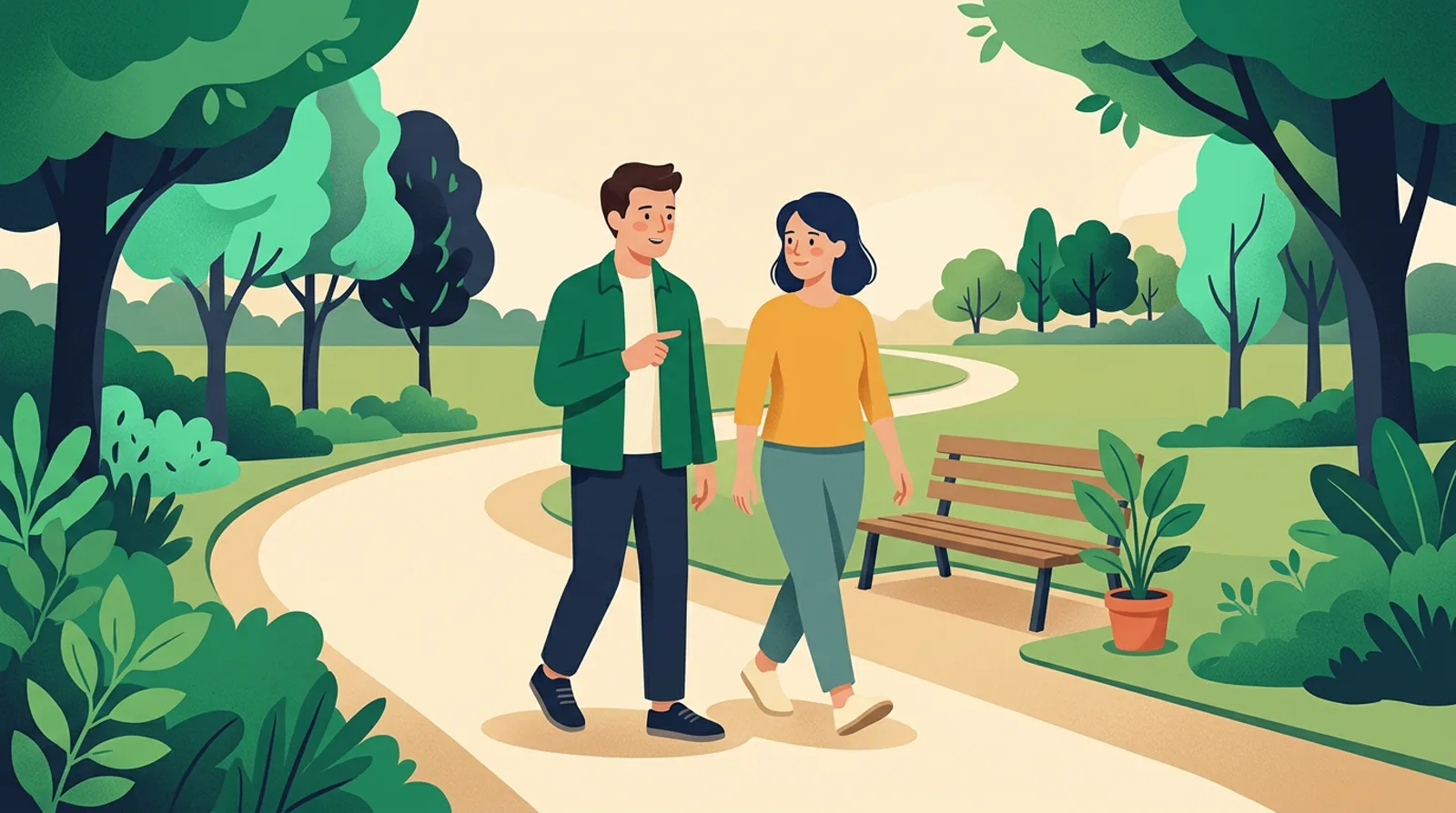 How many steps in a mile: two friends walking side by side on a long park path