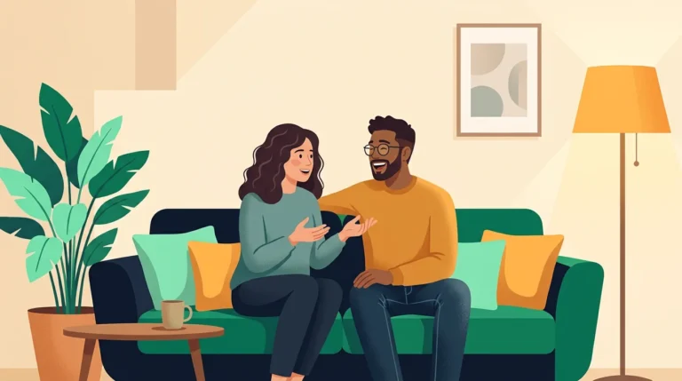 How to last longer in bed: relaxed couple talking and laughing together on a sofa at home