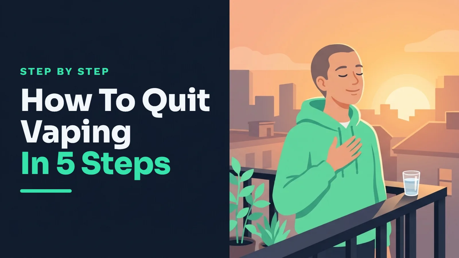 How to quit vaping: calm person breathing slowly on a balcony at sunrise, a simple 5-step guide