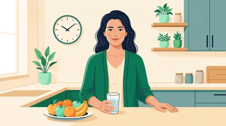 Intermittent fasting for women over 40: woman with a glass of water in a bright kitchen
