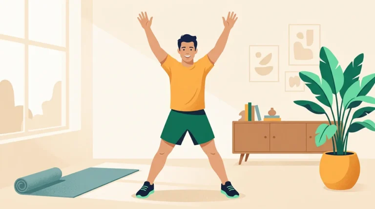 Jumping jacks to burn 100 calories: man doing a jumping jack at home