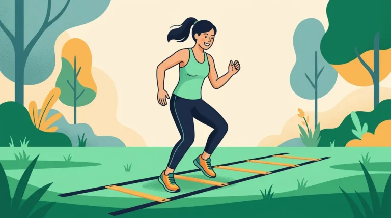 Ladder drills: young woman doing agility ladder drills on grass in a park