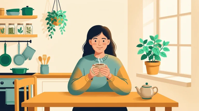 Lemon balm for weight loss: woman holding a mug of herbal tea in a cozy kitchen