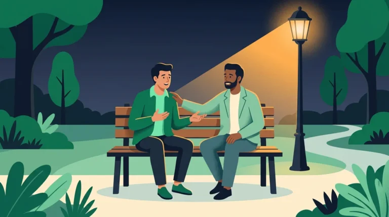 Men's mental health: two friends talking on a park bench at dusk