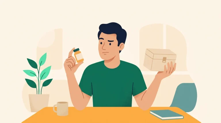 NAD injection vs supplements: man comparing a capsule bottle with a small medical kit