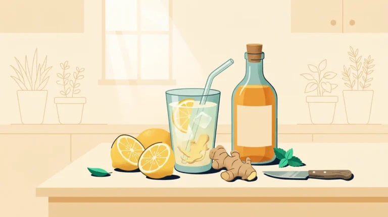 Natural Mounjaro recipe: glass of lemon and ginger drink with apple cider vinegar on a kitchen counter