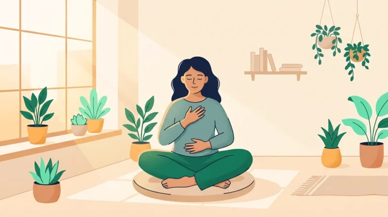 Nervous system reset: woman meditating by a window with a hand on her chest