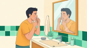 Nicotine pouches side effects: young man checking his gums in the bathroom mirror