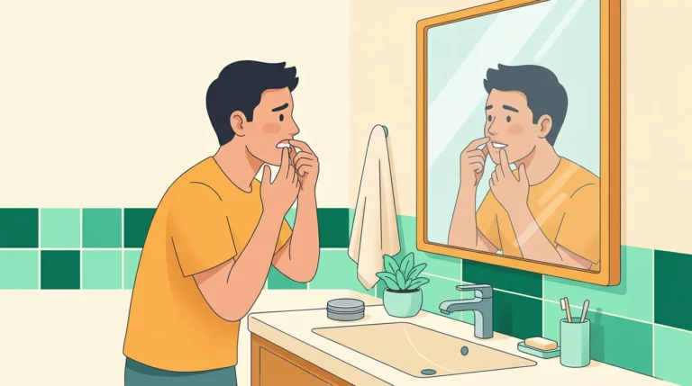 Nicotine pouches side effects: young man checking his gums in the bathroom mirror
