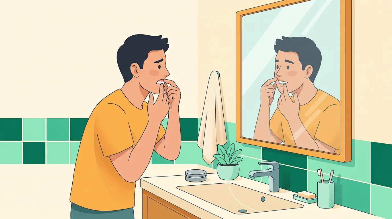 Nicotine pouches side effects: young man checking his gums in the bathroom mirror