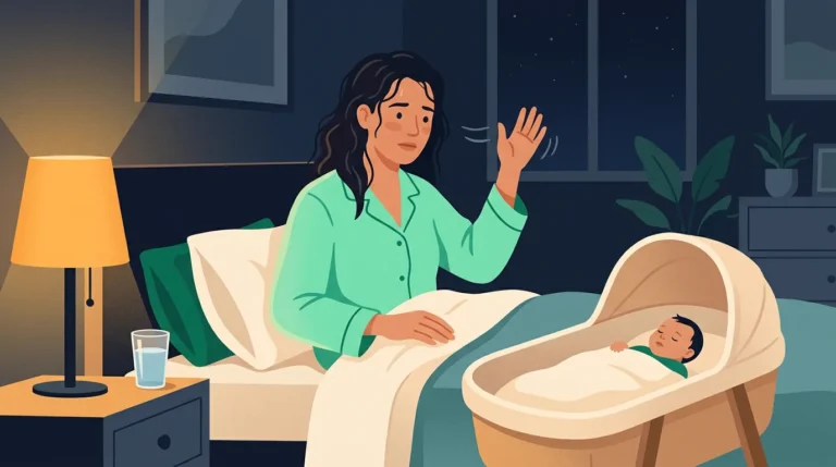 Postpartum night sweats: new mother awake at night in bed, fanning herself beside a sleeping baby