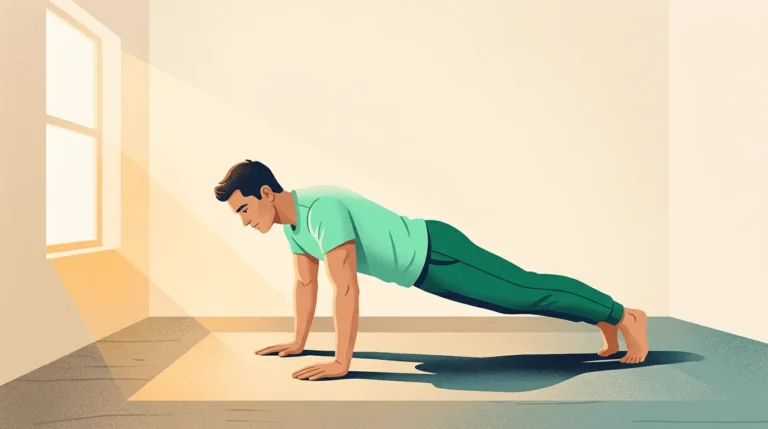 Prison workout: man doing push-ups on the floor of a small, bare room with morning light