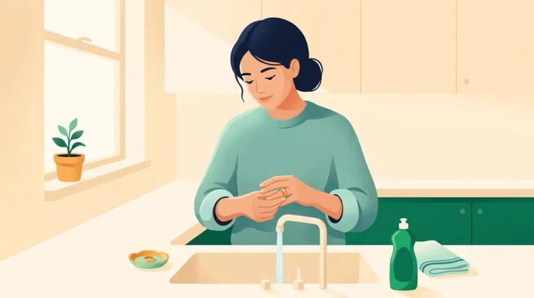 Ring avulsion: woman taking off her ring at the sink before washing up