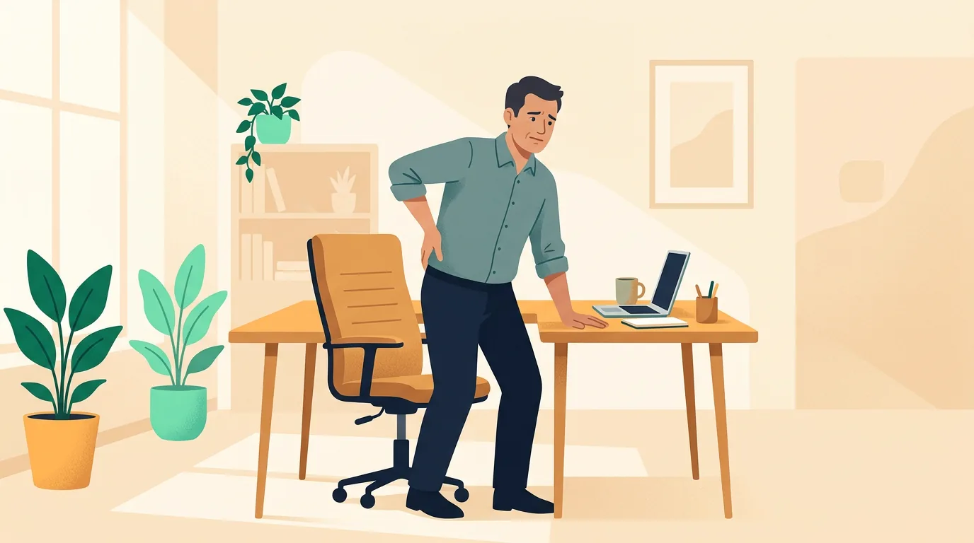 Sciatic nerve pain: person standing up slowly from an office chair with a hand on their lower back