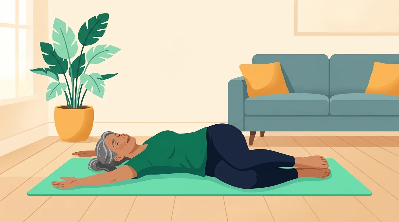 Sciatica exercises: person lying on a mat doing knee rolls to one side in a calm living room