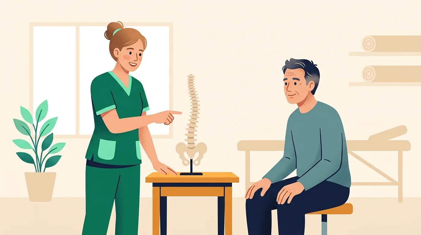 Sciatica pain relief: patient talking with a physiotherapist about lower back and leg pain in a clinic