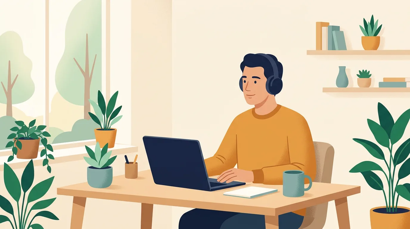 Signs of autism in adults: man with headphones working calmly at a tidy desk