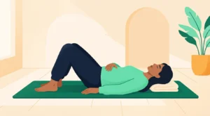 Somatic yoga: woman lying on a mat with knees bent, moving slowly with her eyes closed