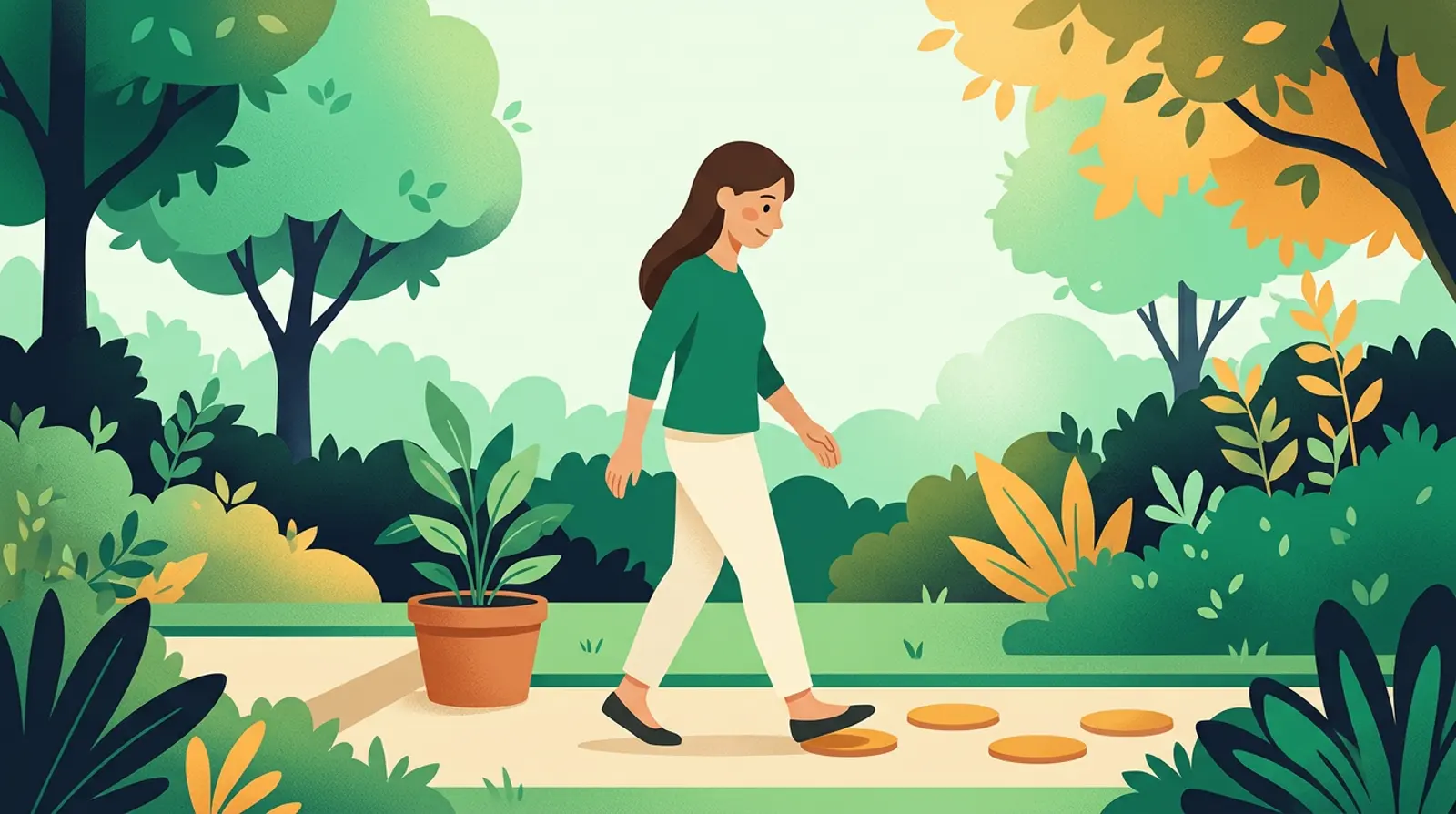 Steps in a mile: woman walking heel to toe to measure her stride on a garden path