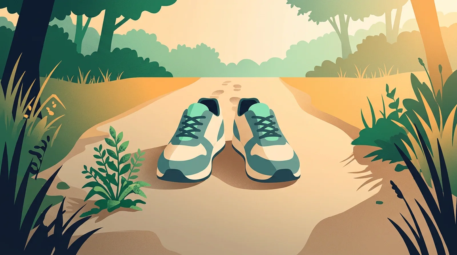 Steps per mile: walking shoes on a dirt trail with footprints behind them