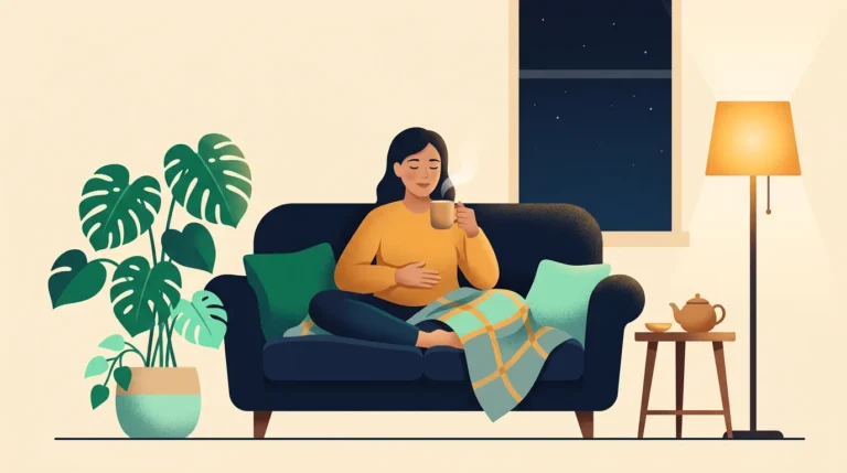 Sulfur burps relief: woman sipping ginger tea on the sofa after dinner