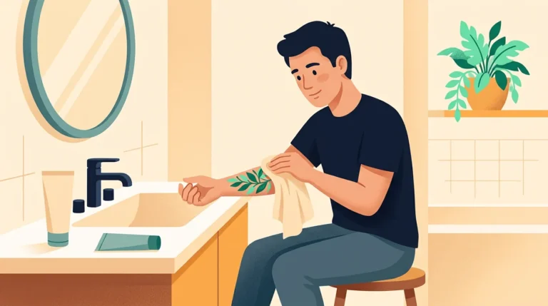 Tattoo aftercare: person gently washing a new forearm tattoo at a bathroom sink