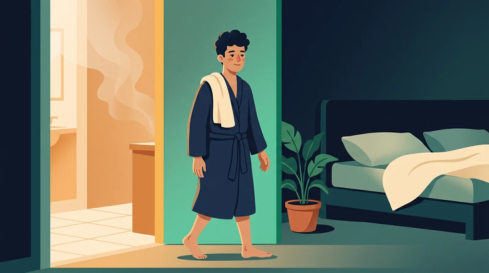 Temperature for sleep: man in a robe heading to a cool bedroom after a warm shower