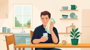 Tooth nerve pain relief: man holding a cold pack to his cheek while booking a dentist