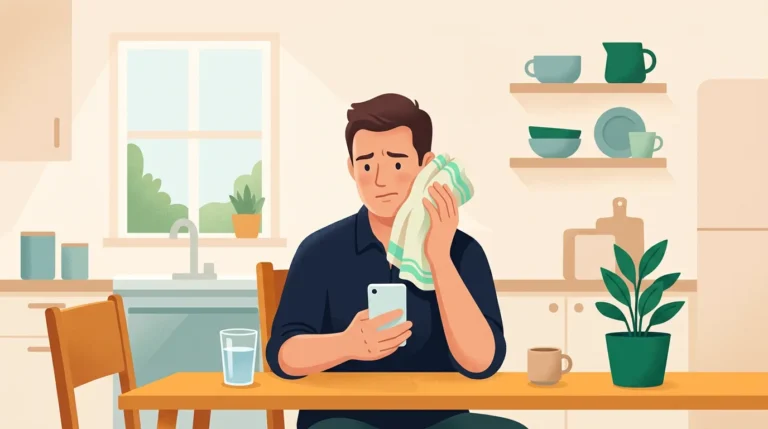 Tooth nerve pain relief: man holding a cold pack to his cheek while booking a dentist