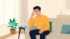 Vaping headache: man pressing his temple on a sofa with a glass of water