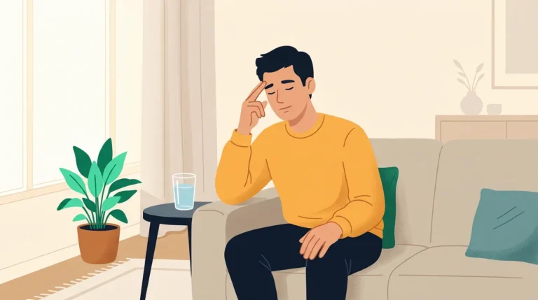 Vaping headache: man pressing his temple on a sofa with a glass of water