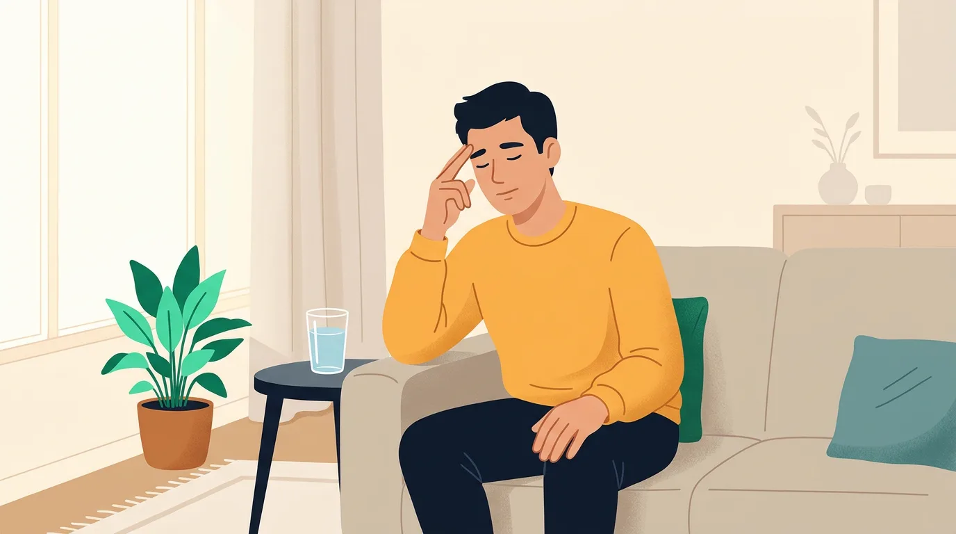 Vaping headache: man pressing his temple on a sofa with a glass of water