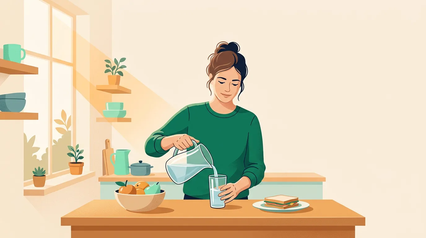 Vaping headache fix: woman pouring a glass of water in a bright kitchen