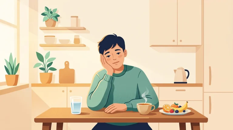 Vaping withdrawal symptoms: tired person at a kitchen table with a glass of water