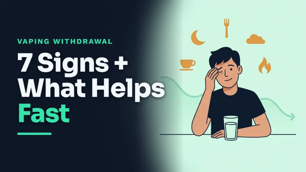 Vaping withdrawal symptoms: tired person with a glass of water and icons for sleep, hunger, cravings and mood